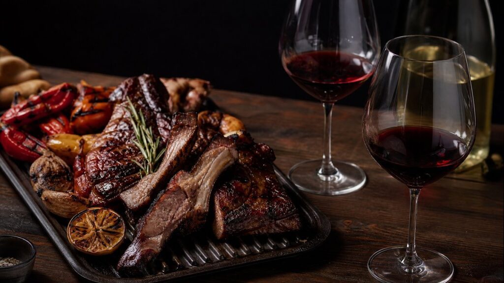 A close still life of a charred grill platter beside two open wine glasses on a dark wooden table, with glistening fat on ribs and roasted vegetables catching warm light. The wine appears deep ruby, while a pale bottle sits partly in shadow. The mood is refined and sensory, emphasizing balance and richness.