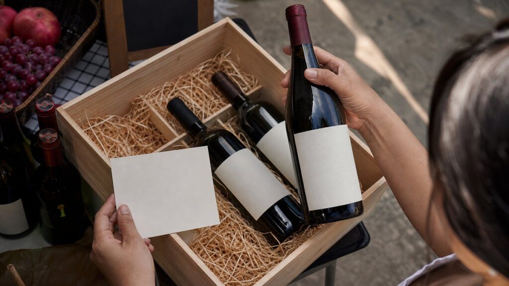 Overhead view of an open wine box on a market counter, with one hand tilting a bottle toward the light while another steadies a simple note card beside it. The composition focuses on the label area, crisp and readable in form but without text, under clean natural store lighting that feels analytical and calm.
