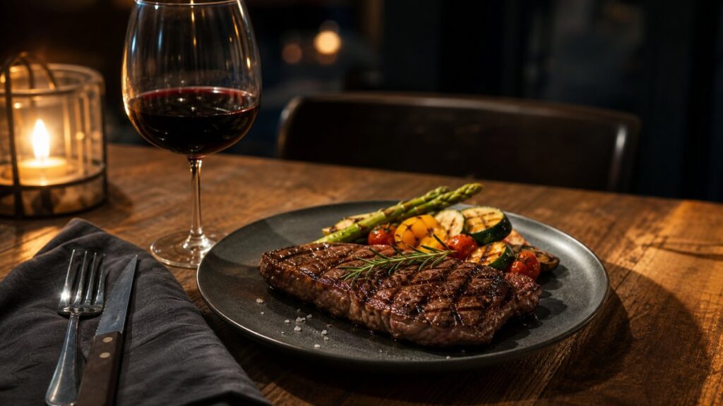 A polished dining table with one main dish of grilled steak and vegetables in the foreground, paired naturally with a filled red wine glass. Warm side light highlights the meat’s texture and deep gray-blue shadows in the background, creating an elegant, practical atmosphere of thoughtful pairing.
