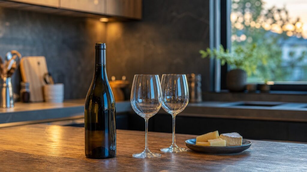 A single wine bottle rests upright on a wooden kitchen counter beside two unbranded glasses and a small plate of mild cheese, photographed as an object-led still life. Soft evening window light washes the scene, with muted gray stone and subtle blue reflections creating a calm, approachable mood for a beginner’s first choice.