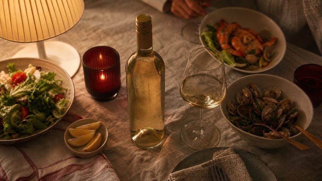 A single elegant white wine bottle stands beside a modest home dinner table set with light seafood and salad, softly lit by warm evening lamps and a dark burgundy candle glow. The scene feels intimate and balanced, with natural linen textures, glass reflections, and a calm, welcoming mood.