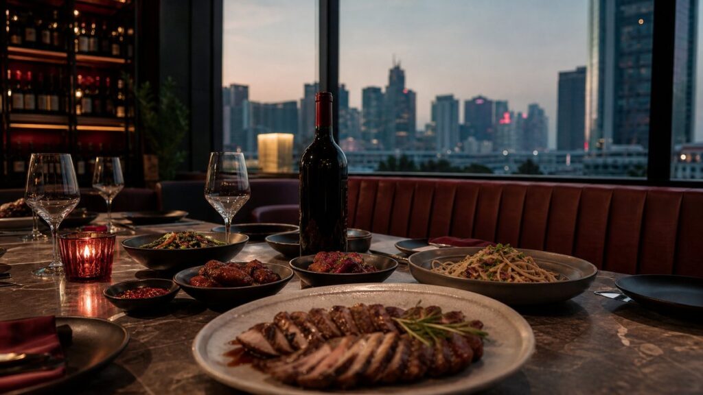 A wide restaurant environment showing a neatly set dinner table with several simple dishes—grilled meat, pasta, and spicy small plates—while a single bottle of red wine rests near the center. Natural evening window light gives the scene an elegant, practical feel, with muted crimson highlights and plenty of calm negative space.