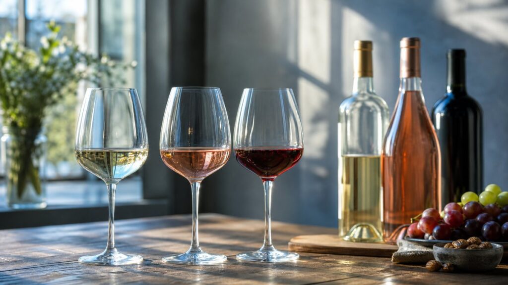 A neatly arranged tasting table with three uncorked wine glasses and partial bottles of white, rosé, and red wine, lit by soft afternoon window light. The white and rosé catch cool blue reflections while the red glows warmer, creating a calm, educational still life that suggests comparing flavors by preference.
