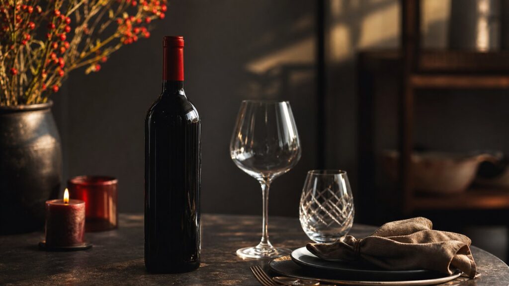 A single bottle of deep red wine rests beside a partially set dinner table, with one folded linen napkin, a candle, and two different glass types suggesting a quiet contrast between casual and formal occasions. Soft evening light and warm shadows create an elegant, thoughtful mood, with subtle #A50000 highlights against dark #0C0707 tones.