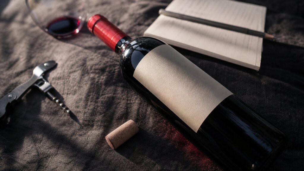A single wine bottle lies on a dark linen cloth beside a corkscrew and tasting notes, lit by a soft side window. The label is the clear focal point, with crisp paper texture and subtle deep red accents in the glass reflection. Professional still life, calm and instructive.