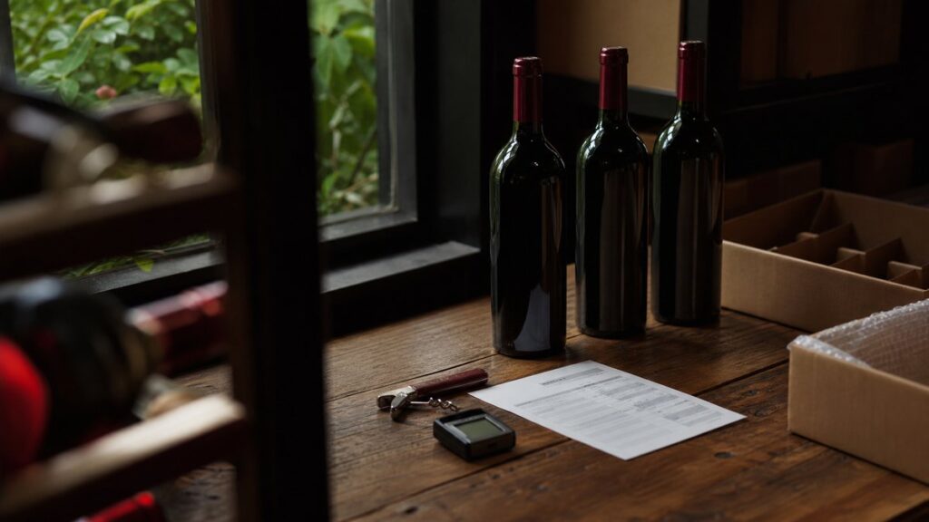 A carefully arranged still life on a dark oak counter shows three sealed wine bottles beside a corkscrew, a shipping invoice, and a small humidity meter, lit by soft window light. Deep burgundy reflections and near-black shadows create a trustworthy, professional mood with subtle #A50000 accents.