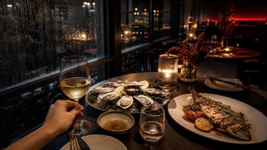 A wide restaurant environment with a neatly set seafood dinner table near a rain-streaked window, where white wine, oysters, and grilled fish share the frame. The composition leaves generous negative space around the meal, with soft amber reflections and subtle deep red highlights creating a memorable, elegant closing mood.