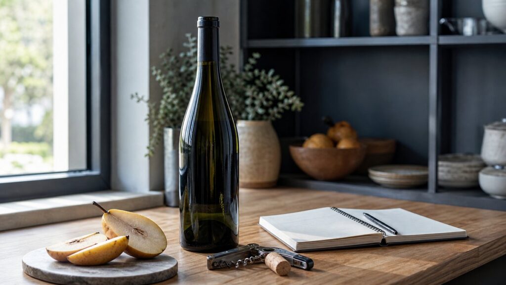 A single wine bottle sits beside a small tasting notebook, corkscrew, and a sliced pear on a wooden kitchen counter, lit by soft morning window light. The composition feels thoughtful and practical, with muted gray shelving behind and a faint blue reflection on glass, suggesting a careful first purchase.