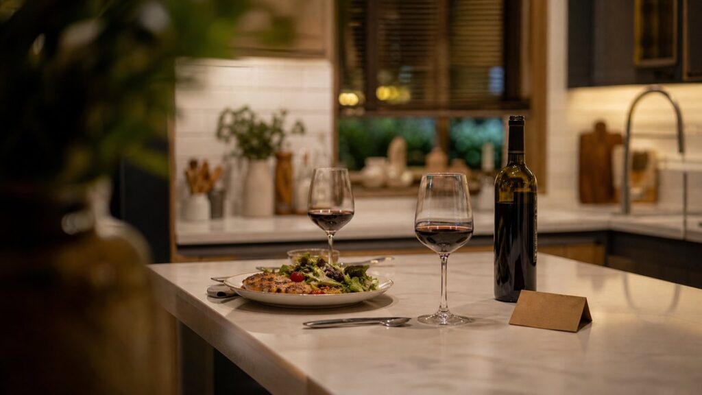 A wide kitchen counter scene with a simple dinner plate, two wine glasses, and one opened bottle beside a handwritten tasting note card turned face down. Warm evening light and a quiet, uncluttered background create a realistic, approachable mood focused on matching wine to an everyday meal.