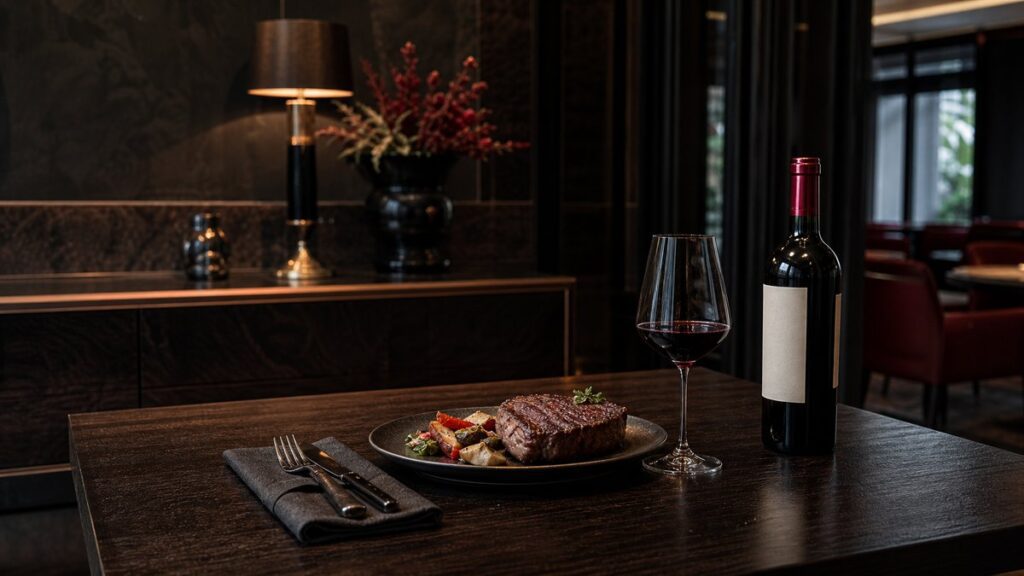 A quiet wide dining-room scene with a single steak plate set near an open bottle and one poured glass, framed by a softly lit sideboard and muted restaurant interior. The mood is refined and unhurried, with gentle highlights of dark burgundy and near-black shadows creating a memorable, professional editorial atmosphere.