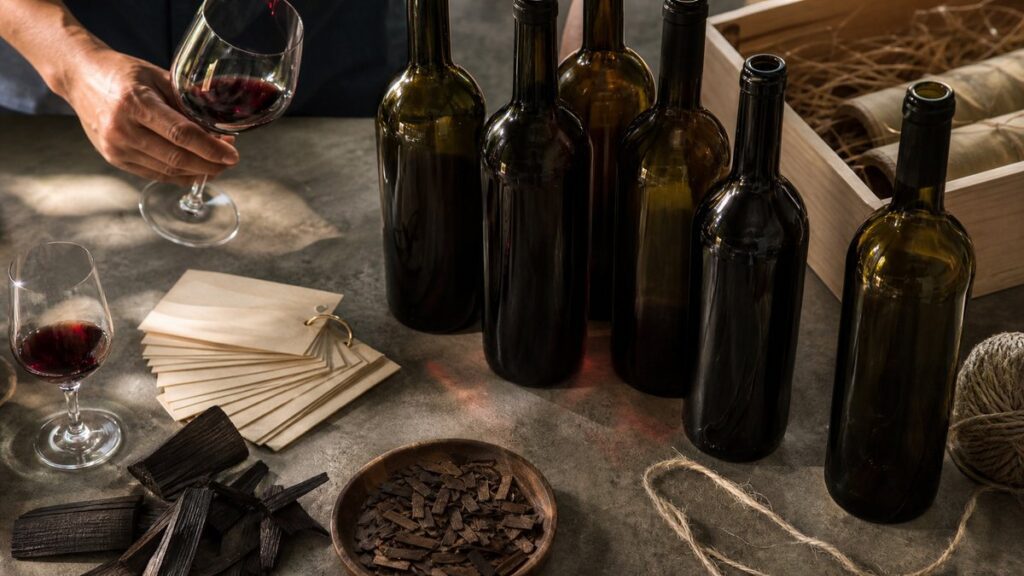An overhead editorial scene of assorted wine bottles without labels, tasting notes cards, aged oak chips, and shipping twine arranged on a neutral work surface. Warm side lighting reveals textures and subtle red reflections, suggesting how origin, aging, and transport costs shape price, while keeping the composition clean and analytical.