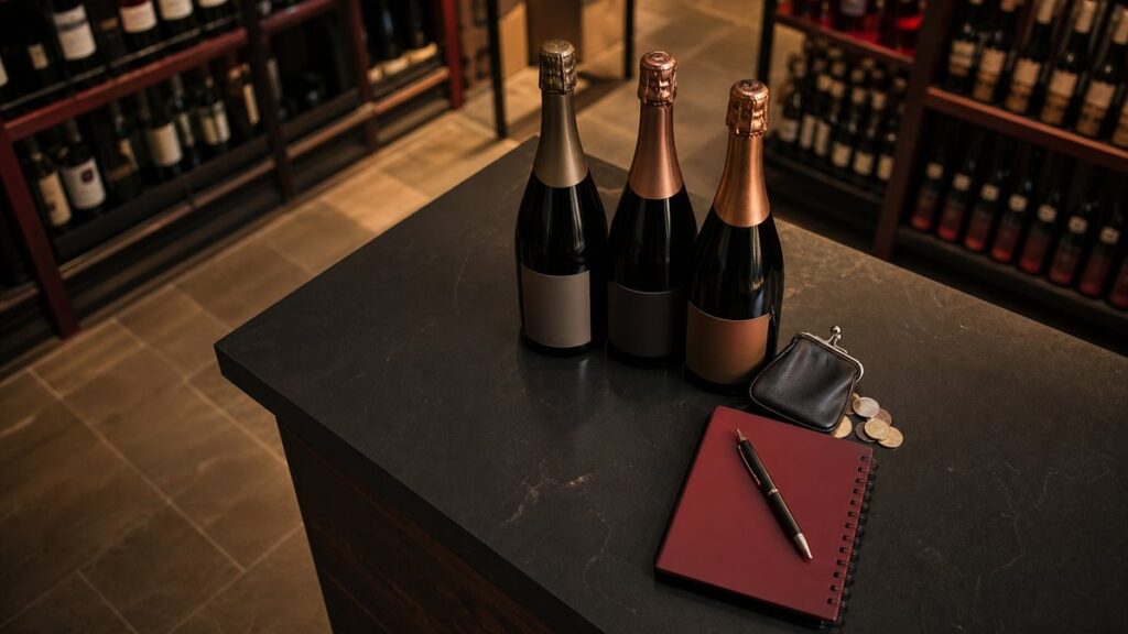 An overhead view of a neatly arranged wine shop tasting counter with three unopened champagne bottles, a small notebook, and a coin pouch placed beside them. Warm diffused lighting reveals labels kept unreadable, while muted black surfaces and restrained crimson highlights suggest a careful budget comparison in a calm, professional setting.