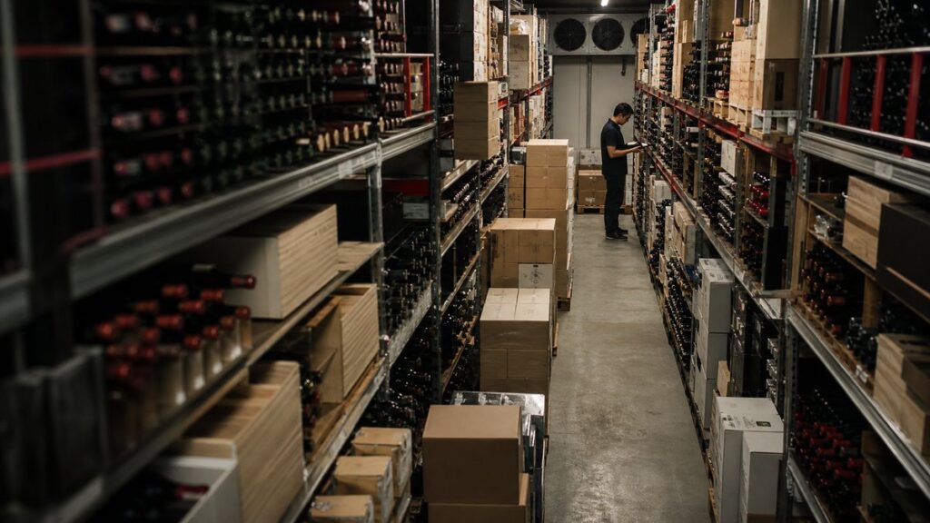 A wide environment shot of an experienced wine wholesaler’s aisle with neatly stacked cases, cool storage racks, and a single worker checking labels at the far end. The scene feels orderly and trustworthy, lit by calm warehouse light with subtle black and red tones in the shadows.