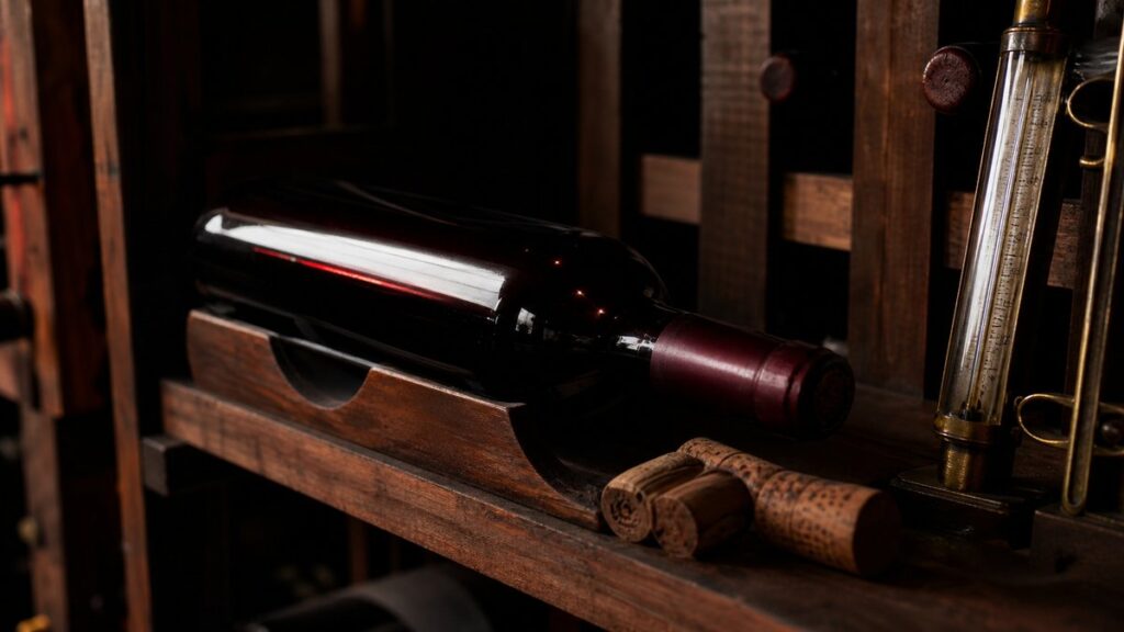 A single burgundy wine bottle rests in a dim home cellar on a wooden rack beside a few aging corks and a brass thermometer, lit by soft side light with deep #0C0707 shadows and a faint #A50000 reflection on the glass. The quiet, orderly scene feels patient, refined, and archival.