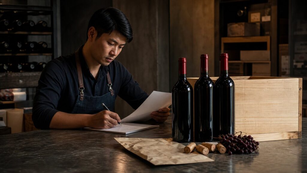 A professional still life of three wine bottles beside a simple wooden crate, corks, grape stems, and a folded cellar invoice on a dark counter. Soft side light reveals honest textures and subtle deep red reflections, suggesting careful cost choices and a mood of practical value.