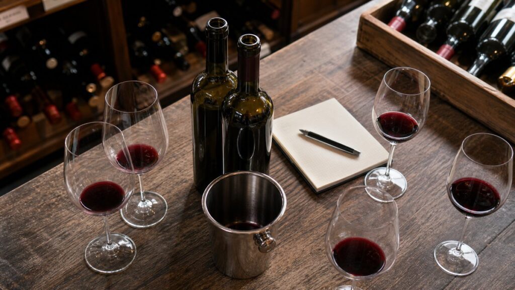 An overhead process scene in a wine shop tasting corner, showing two opened bottles, a small glass spit bucket, a notepad, and scattered tasting glasses arranged in a clean work flow. Neutral daylight and restrained crimson highlights create a thoughtful, evaluative mood about quality versus price.