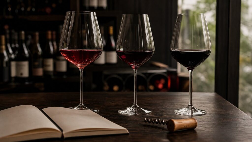 A professional still life of three unlabelled red wine glasses beside an open notebook and a simple corkscrew on a dark wooden table, each glass showing a different shade and body. Soft window light creates gentle highlights, with deep burgundy and near-black tones setting a calm, thoughtful mood for choosing flavor preference.