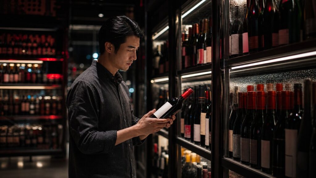 Inside a refined wine shop, a single shopper stands before a chilled shelf, comparing one bottle in hand against the rows behind it, while the surrounding aisles fade softly out of focus. The scene feels practical and considered, with moody ambient lighting, dark shelving, and subtle red reflections guiding the eye toward the chosen bottle.