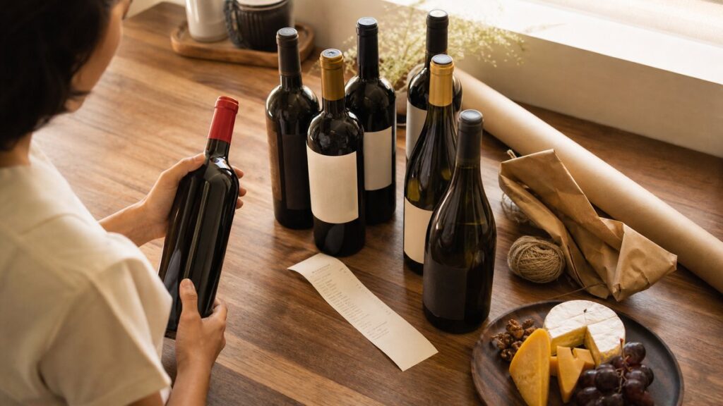 Overhead view of several unwrapped wine bottles arranged on a wooden counter with a receipt, gift wrap paper, and a simple cheese plate nearby. Warm natural light reveals subtle differences in labels and bottle shapes, suggesting budget and occasion choices. The scene feels practical, tidy, and refined.