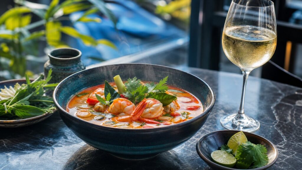 A steaming bowl of Thai tom yum centered on a dark ceramic table, with a chilled white wine glass placed nearby, both lit by bright natural daylight from a café window. Fresh herbs, lime, and hints of blue-toned glass reflections balance the scene, giving it an inviting, modern, and approachable feel.