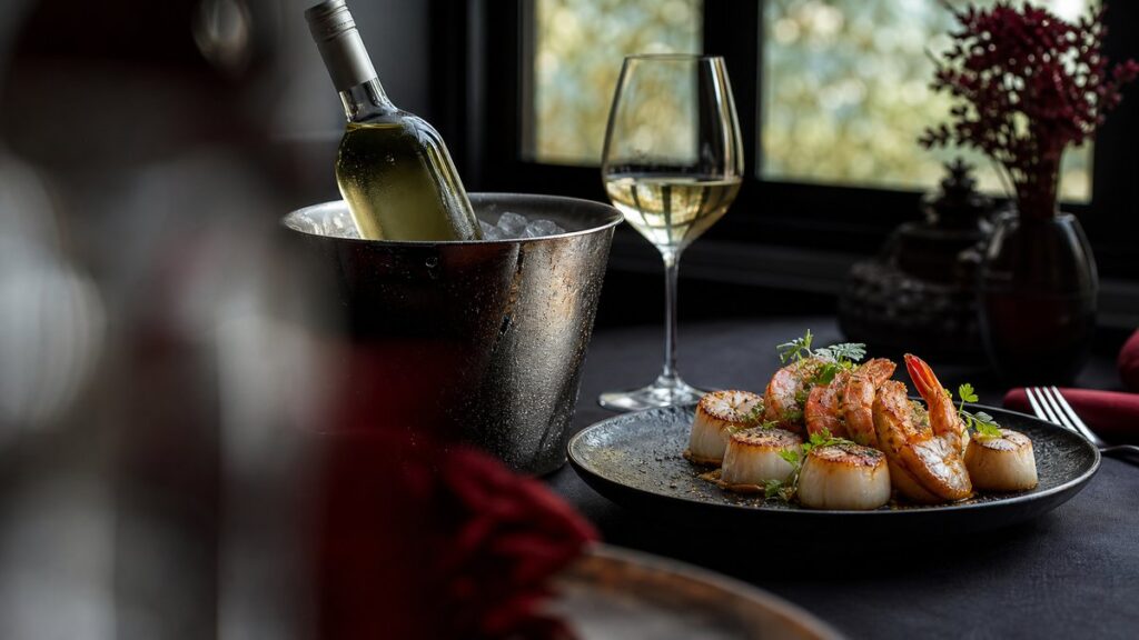 A still life of a chilled white wine bottle resting in an ice bucket beside a plate of seared scallops and shrimp on a dark linen table. Soft window light catches the glass and shellfish glaze, while a faint red napkin accent adds warmth against deep charcoal tones. Calm, refined, appetizing mood.