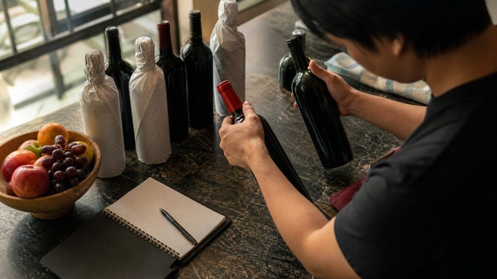 Overhead view of several unboxed wine bottles arranged on a kitchen counter, some wrapped for storage and others already opened, with a handwritten storage notebook and a small fruit bowl nearby. Warm natural window light reveals subtle red highlights and cooler dark tones, creating a practical, evaluative mood.