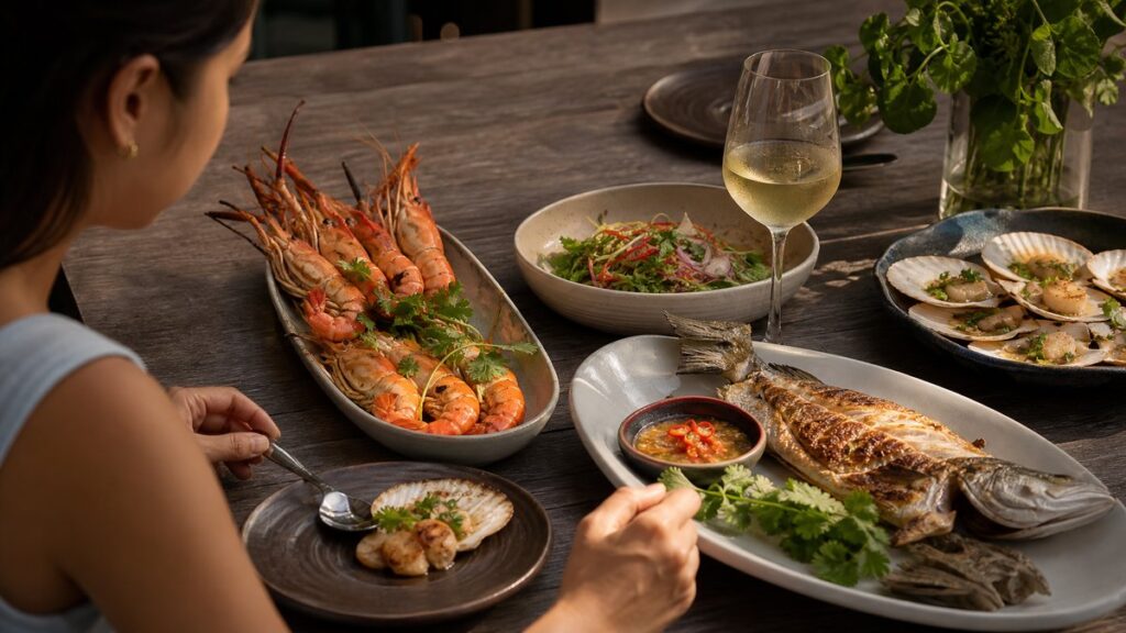 An overhead editorial still life of a Thai seafood meal on a simple wooden table: steamed shrimp, grilled fish, scallops, and a small bowl of mild herb salad arranged around one chilled white wine glass. Warm natural light balances the scene, with subtle crimson accents from chili slices and a professional, appetizing mood.