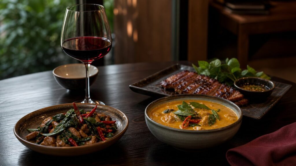 A warmly lit dining table with a single glass of red wine beside a small spread of Thai dishes—stir-fried basil, coconut curry, and glossy grilled meat—arranged as an elegant still life. Deep crimson reflections catch on the glass, while dark wood and soft shadows create a refined, intimate mood.