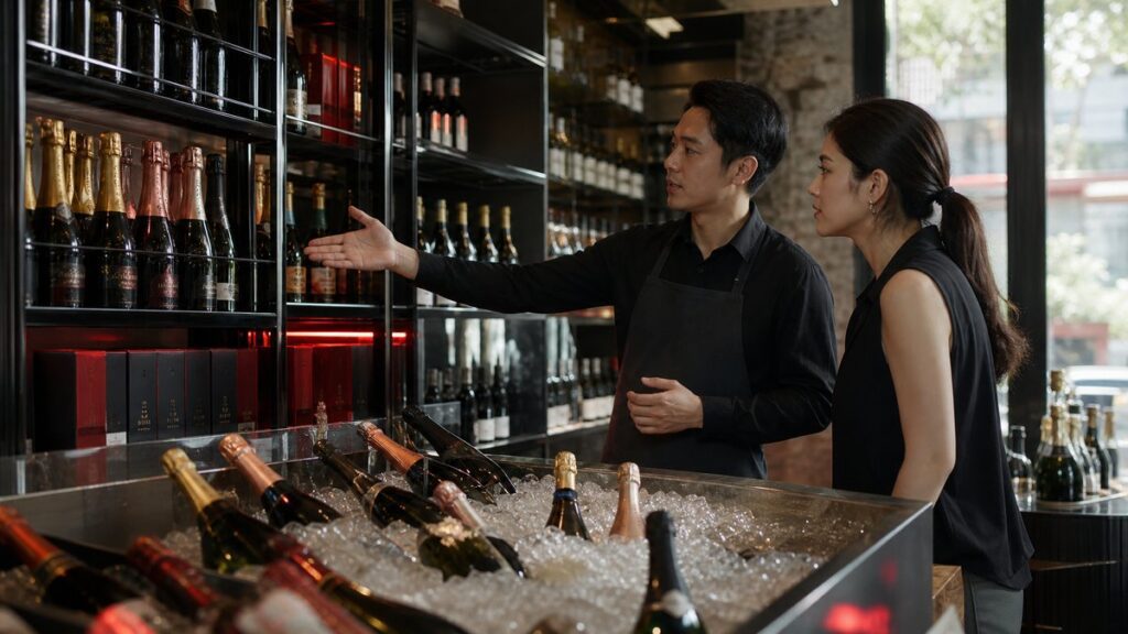 A wide interior scene inside a refined bottle shop, where a knowledgeable staff member gestures toward a shelf of champagne cases while a customer studies the chilled display. Natural window light washes across glass and metal shelves, creating a trustworthy, composed mood with subtle red reflections and deep charcoal shadows.
