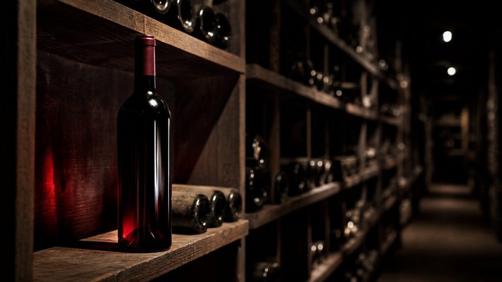 A wide cellar aisle with rows of wooden shelves receding into soft darkness, one carefully chosen bottle standing alone on the front shelf in sharp focus. Low ambient light, muted #0C0707 surroundings, and a single red glow from reflected glass create a calm, purposeful atmosphere of selection and long-term planning.