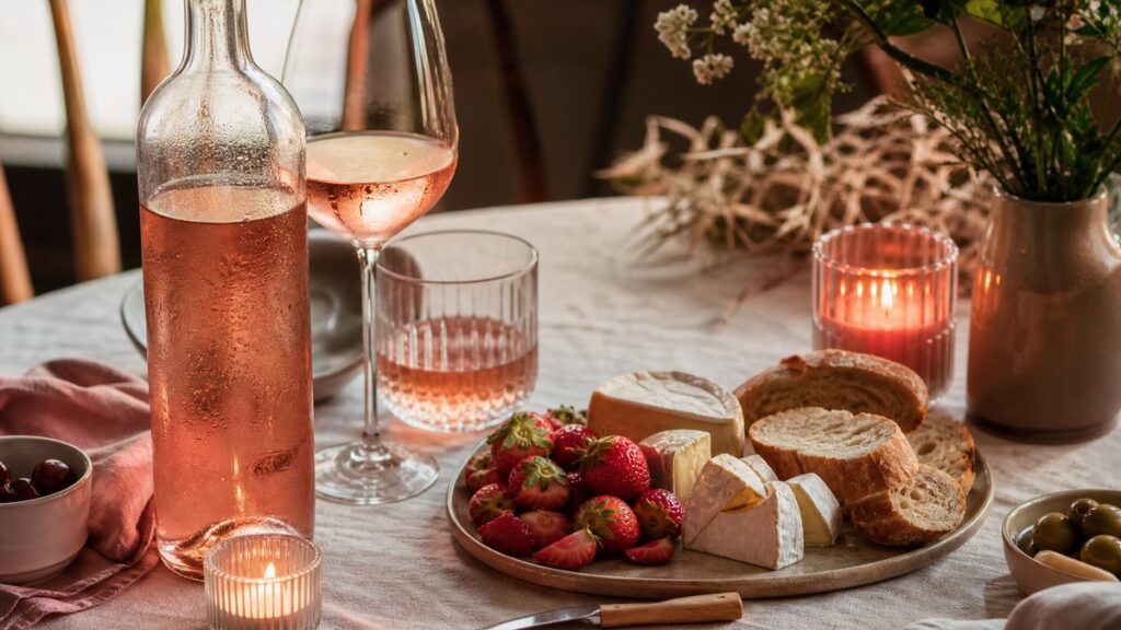 A chilled bottle of rosé beside a simple platter of strawberries, soft cheeses, and pale bread on a linen-covered banquet table, captured as an object-led still life. Warm candlelight and a faint blush reflection in nearby glassware echo subtle #A50000 and #FF0000 tones, creating a welcoming, refined mood.