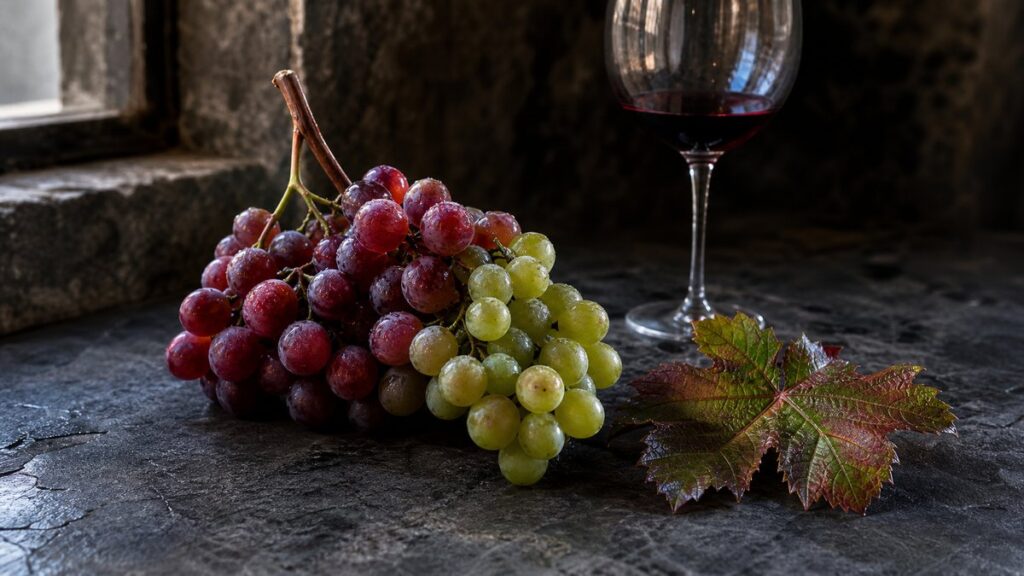 A single bunch of red and green grapes rests on a dark slate countertop beside a cut grape leaf and a tasting glass, lit by soft window light. The composition feels like a quiet still life, emphasizing grape skin thickness, color, and ripeness as the visual cue for wine personality. Subtle burgundy shadows and deep charcoal tones add a professional editorial mood.