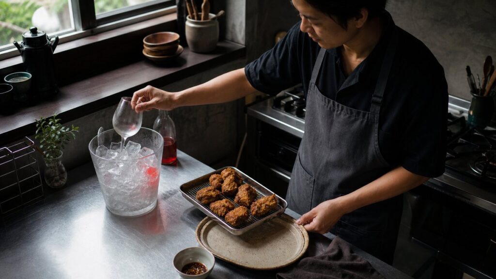An overhead process scene in a compact kitchen: a hand lifts a frosted wine glass from a bucket of ice while another places a tray of golden fried bites onto a warm ceramic platter. Cool window light mixes with dim ambient shadows, creating a precise, practical mood with subtle red reflections in the glass and steel surfaces.