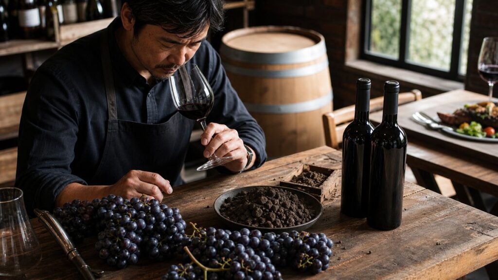 A winemaker’s worktable shows a neat arrangement of grapes, a vineyard soil sample, and two unmarked wine bottles near a plated dinner in the background. Shot from a slightly elevated angle, the scene captures practical decision-making from grape to meal. Natural daylight from a nearby window creates a calm, confident mood with deep red and black undertones.