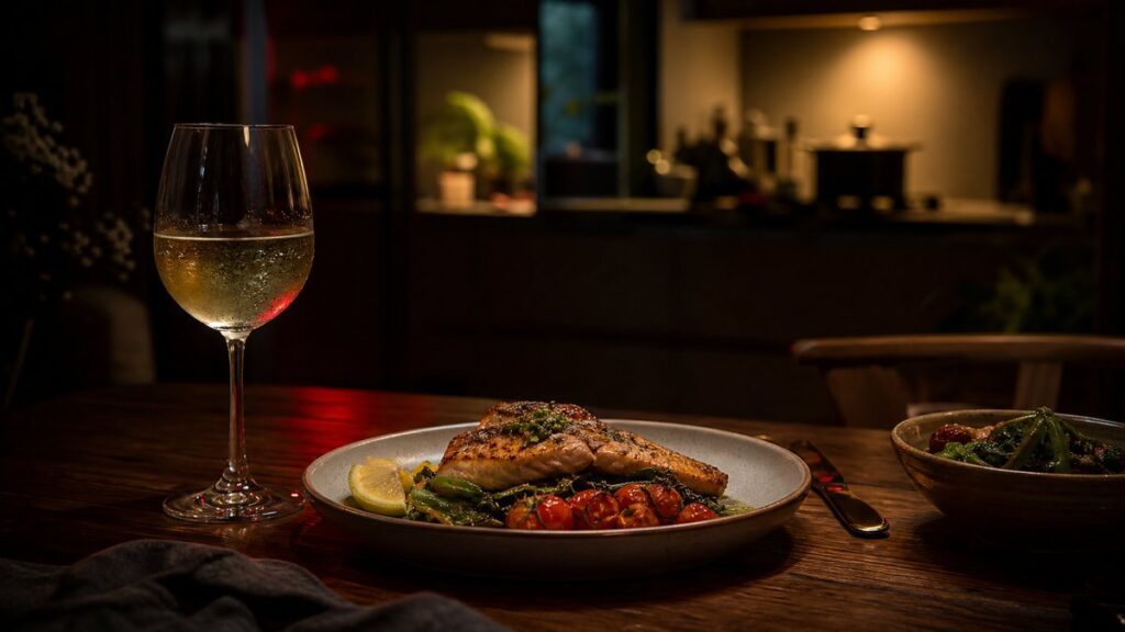 A wide restaurant-table scene at dusk with a single chilled white wine glass and a modest homemade dinner centered on the frame, while the softly blurred kitchen sits behind it. Gentle side lighting highlights the glass and plate, and deep near-black shadows with muted red reflections add an elegant, unforced sense of occasion.