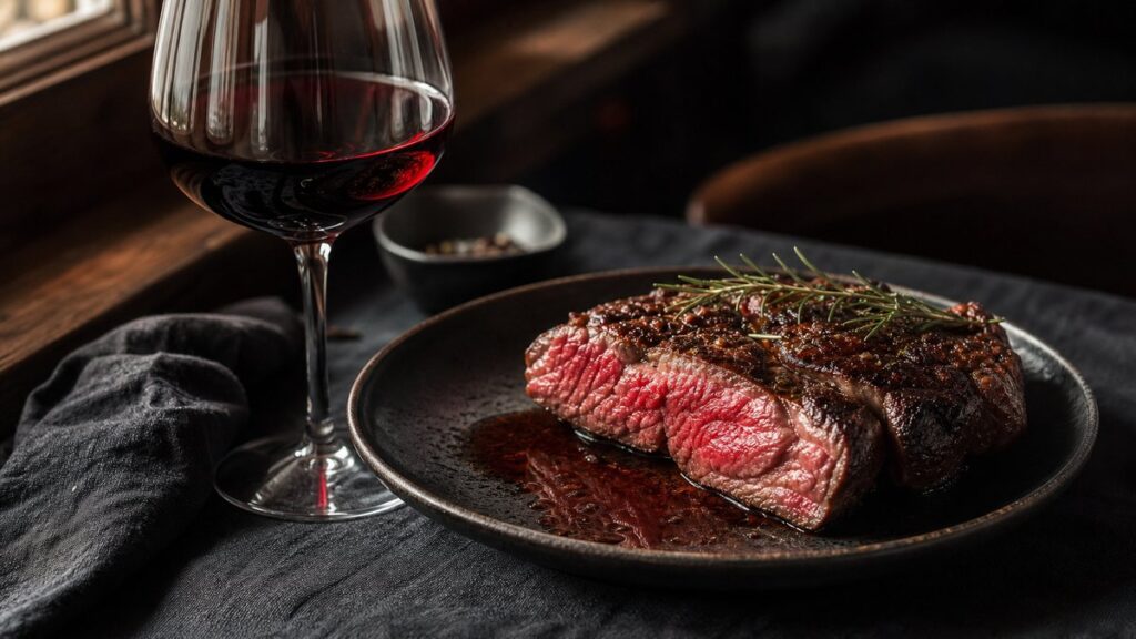 A polished still life of a medium-rare steak resting beside a deep red wine glass on a dark linen tablecloth, with a small pool of meat juices catching warm side light. The composition feels intimate and balanced, using subtle crimson reflections and shadowy black tones to suggest richness, tannin, and savory depth.