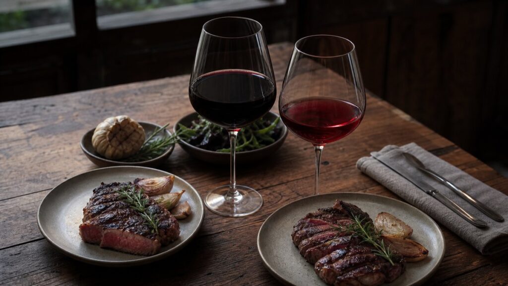 An overhead scene of two plated steak portions paired with different red wines in simple stemware, arranged on a rustic wooden table with tasting notes omitted. One glass appears darker and more powerful, the other lighter and more restrained, under soft natural window light that emphasizes balance and comparison without visual clutter.
