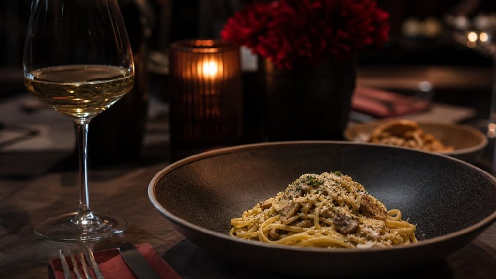 A wide restaurant table scene with a simple pasta course, a half-filled white wine glass, and a softly glowing candle in the background. The composition feels elevated but natural, with a quiet evening atmosphere, gentle shadows, and a hint of deep red in the decor that subtly complements the dark, elegant setting.