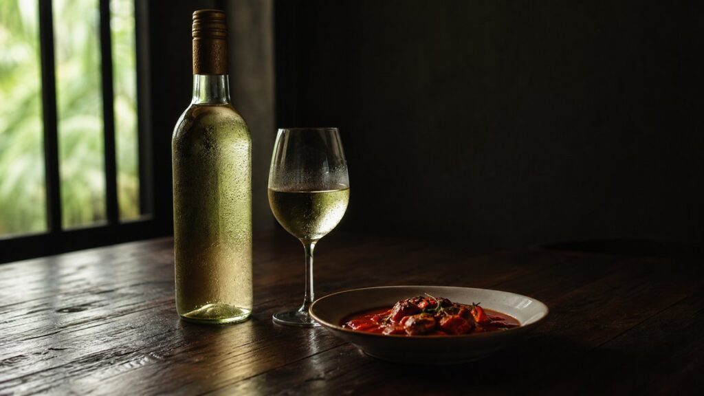 A chilled white wine bottle sits beside a small plate of fiery red curry on a dark wooden table, condensation catching soft window light. The glass and dish form a simple still life, with pale straw reflections against deep #0C0707 shadows and a faint #A50000 glow from the sauce, conveying contrast and balance.