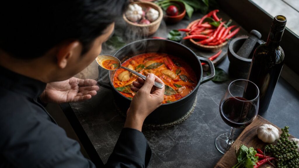 An overhead kitchen-prep scene shows a chef’s hands tasting a spoonful of spicy Thai curry beside an open bottle of red wine and a nearly filled glass. The composition feels practical and focused, with steam rising, chili oil shimmering, and cool window light balancing the rich, dark tones.