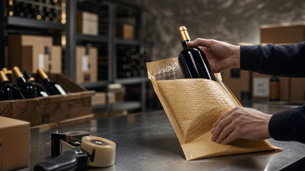 A wide cellar-like storage room with a single person only implied by hands placing one wine bottle into a padded mailer on a stainless counter. Shelves of boxed inventory recede into soft focus, and clean side lighting with gray and warm gold tones creates an efficient, reassuring atmosphere.