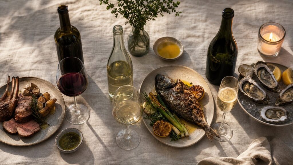 An overhead process scene shows three open bottles arranged around a simple dinner setting: red wine near roasted meat, white wine beside grilled fish and citrus, and champagne by a few oysters and a candle. Natural table light and warm shadows suggest choice, contrast, and a lively but refined meal.