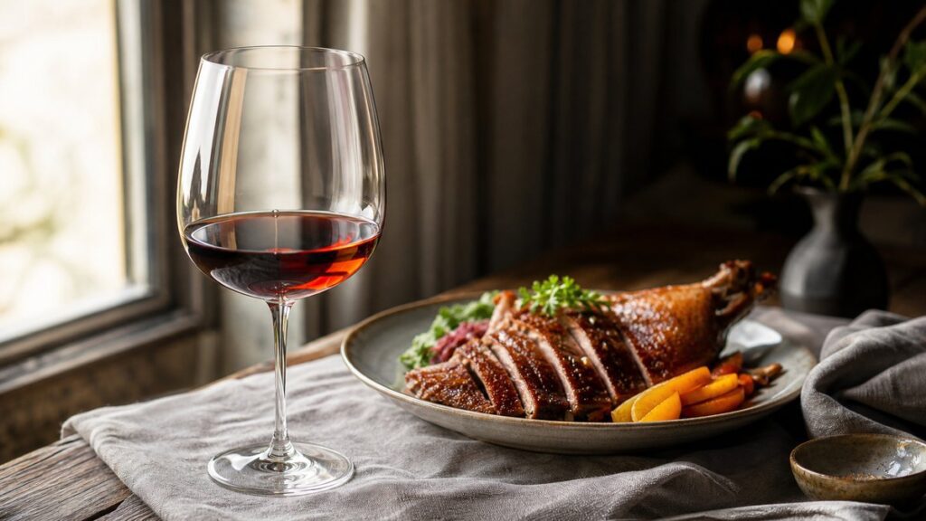 A single stemmed wine glass beside a plated roasted duck dish on a linen-draped wooden table, shot in soft window light. The primary subject is the wine glass catching subtle amber and ruby reflections, while the food sits just behind it, creating a calm, refined mood that suggests harmony and balance.