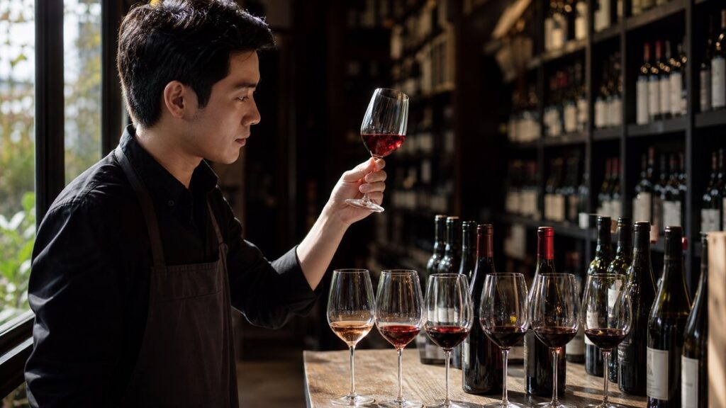 A wide environmental shot inside a quiet wine shop aisle, with a single wooden tasting counter in the foreground and rows of dark bottles fading into soft blur behind it. Natural daylight from the side creates a balanced, professional atmosphere, and the deep red accents in the bottle glass hint at options from light to bold.