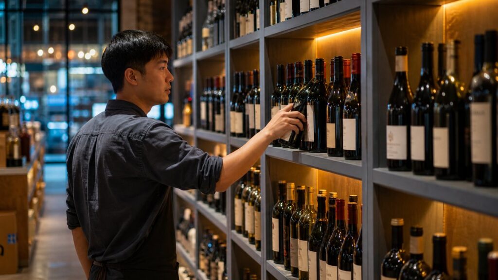 A wide environment shot of a neatly organized wine shop aisle shows a single hand reaching toward one bottle on a softly lit shelf, with rows fading into the background. Cool gray shelving, amber highlights, and a clean blue-toned ambient glow create a thoughtful retail atmosphere centered on confident selection.