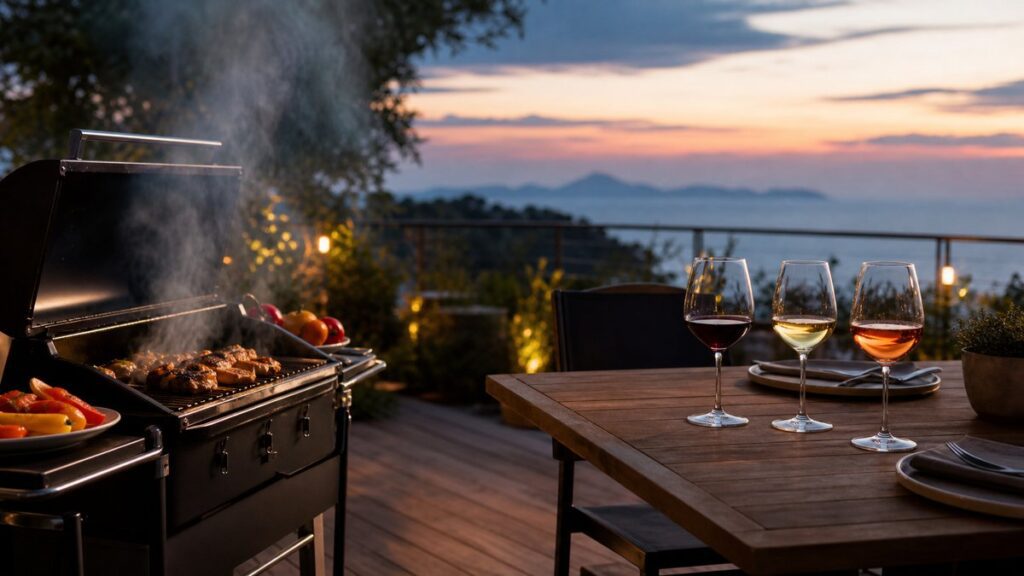 A wide outdoor restaurant terrace at dusk shows a compact grilling station on one side and a small table with three different wine glasses on the other, all set for a relaxed meal. The scene feels open and adaptable, with warm grill smoke, cool ambient light, and a calm professional editorial look.
