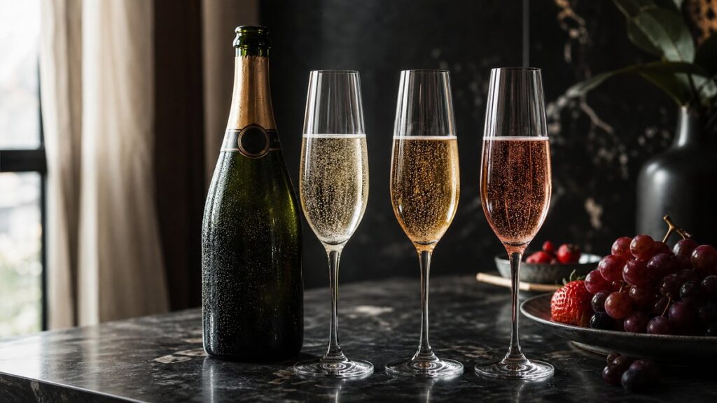 A single chilled champagne bottle, half surrounded by a row of three filled tasting flutes on a dark stone counter, each glass showing a different bead and hue. Soft side lighting catches pale gold reflections with subtle deep red accents from nearby fruit, creating an elegant still life that feels precise and inviting.