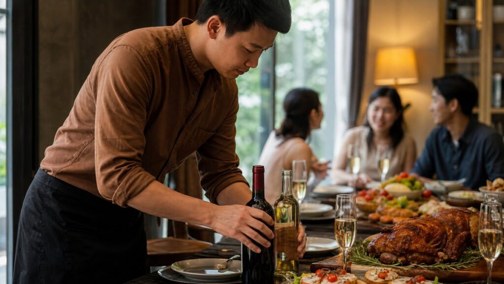 A wide dining-room scene shows a host setting bottles near a table already matched to roasted meat, lighter appetizers, and sparkling glasses, with guests blurred in the background. Natural window light mixes with warm interior tones, creating an inviting, credible atmosphere that suggests a well-planned gathering without feeling staged.