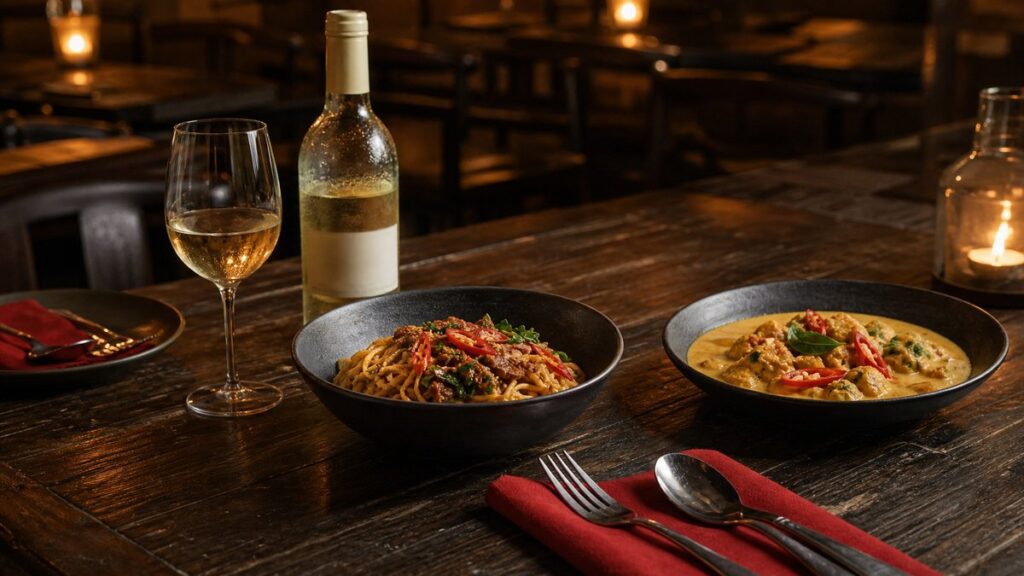 A wide restaurant-table scene shows a neatly opened white wine bottle, a bowl of spicy noodles, and a second plate with creamy curry, all under warm ambient light. The composition leaves generous negative space around the setting, with subtle red highlights in chilies and napkins, suggesting an easy, confident dining choice.