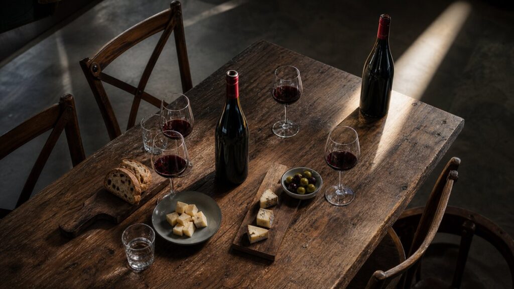 An overhead process scene on a tasting table with two open bottles, several glasses, and simple small bites: bread, cheese, and olives. One premium bottle sits slightly away from the rest, catching a narrow beam of light, while the more approachable bottle feels naturally central, suggesting balance over price.